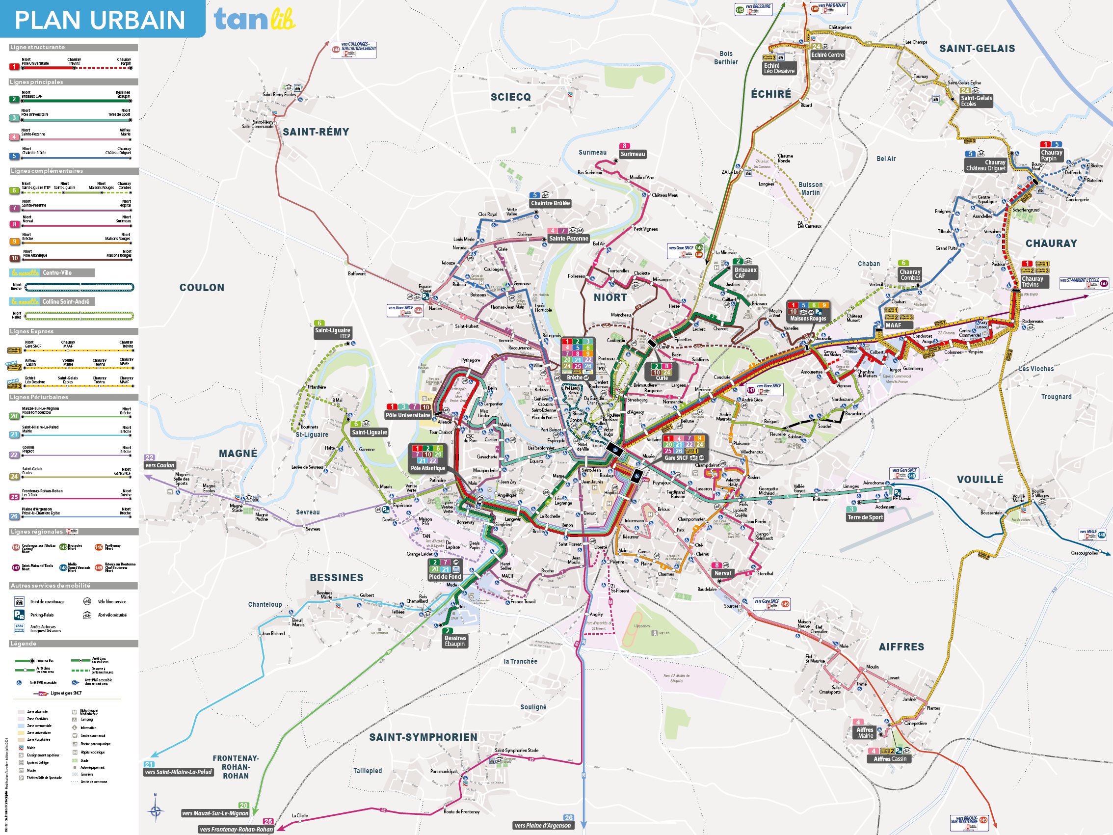 Le plan du réseau de bus Tanlib à Niort
